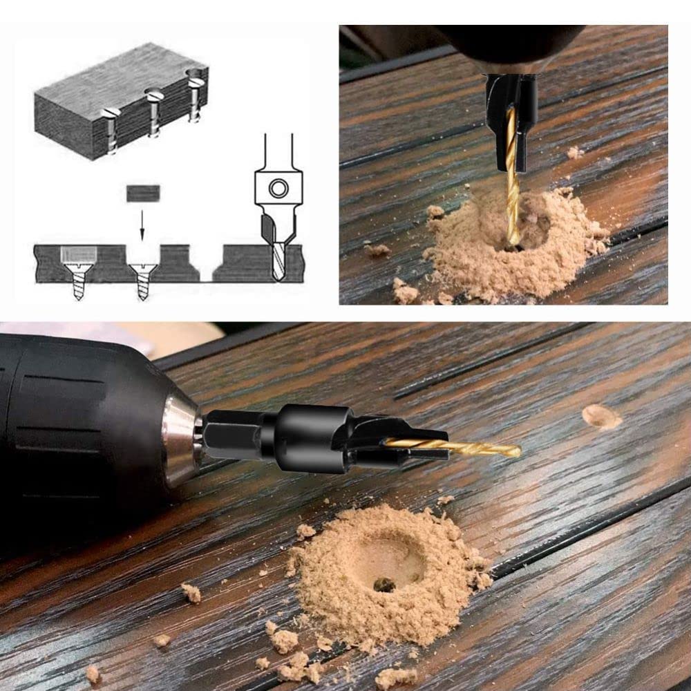 5Pcs Countersink Drill Bit Set,Titanium Plating 1/4inch Hex Shank Power Tools and HSS Quick Change Drill Bit Woodworking Chamfer Tool Adjustable for Wood Drilling,Plastic,Soft Metal,PVC-8