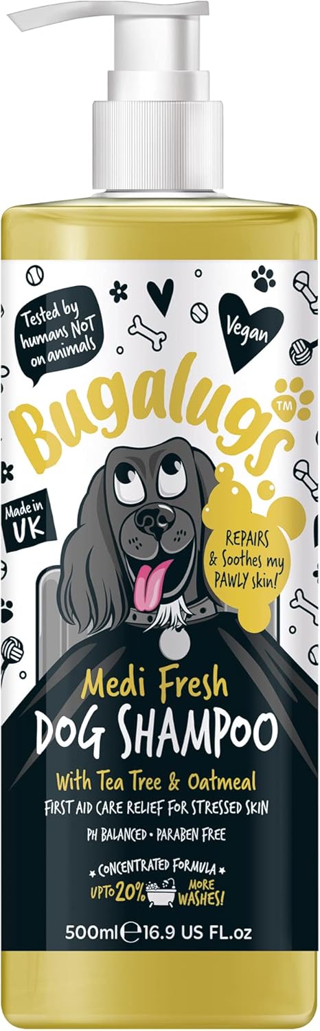 BUGALUGS Dog Shampoo for Itchy Skin Antibacterial And Antifungal Natural Medicated Safe Sensitive Formula - Fast Absorbing Skin Cooling First Aid relief For Cuts Grazes Skin Irritation-0