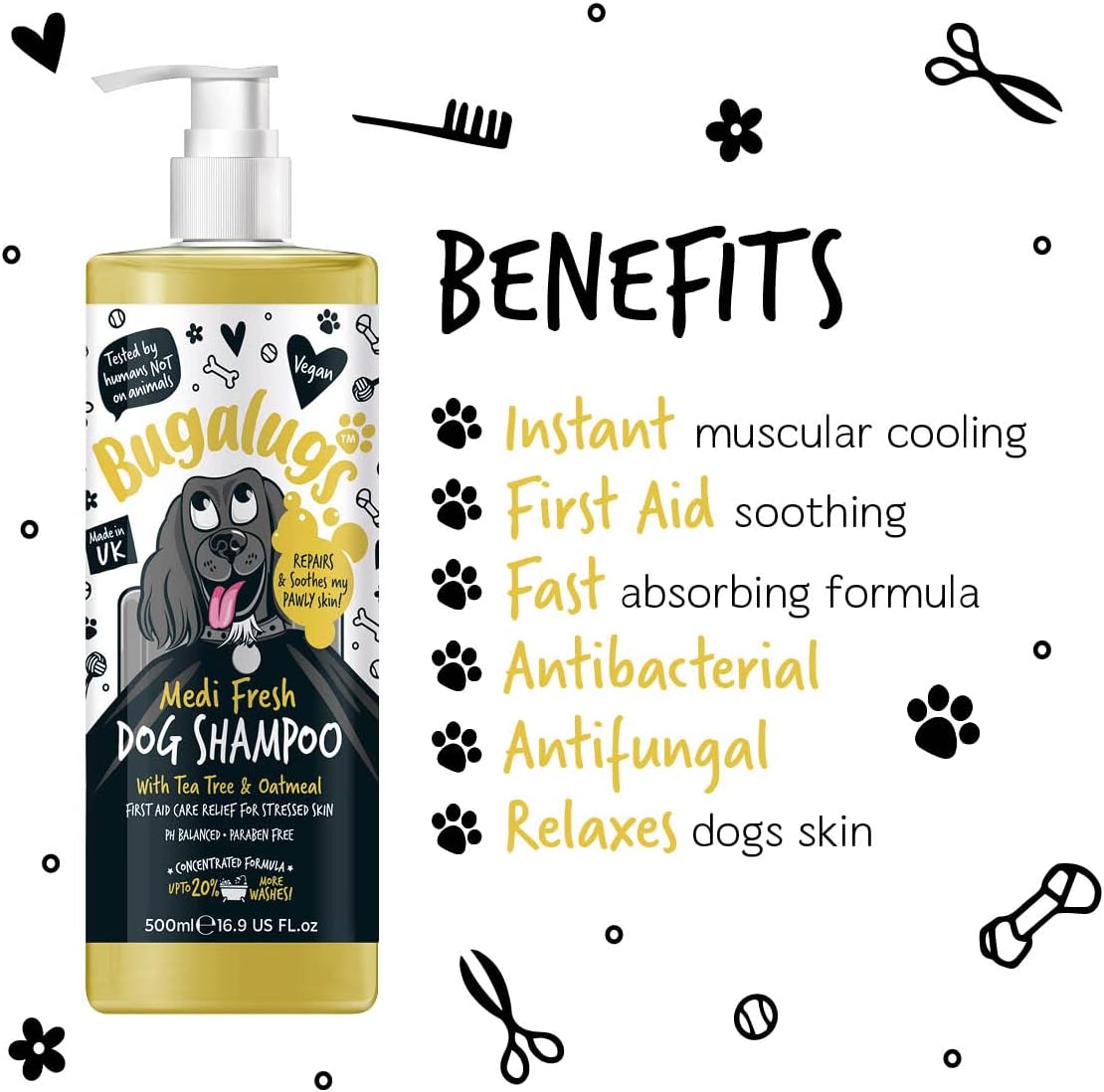 BUGALUGS Dog Shampoo for Itchy Skin Antibacterial And Antifungal Natural Medicated Safe Sensitive Formula - Fast Absorbing Skin Cooling First Aid relief For Cuts Grazes Skin Irritation-1