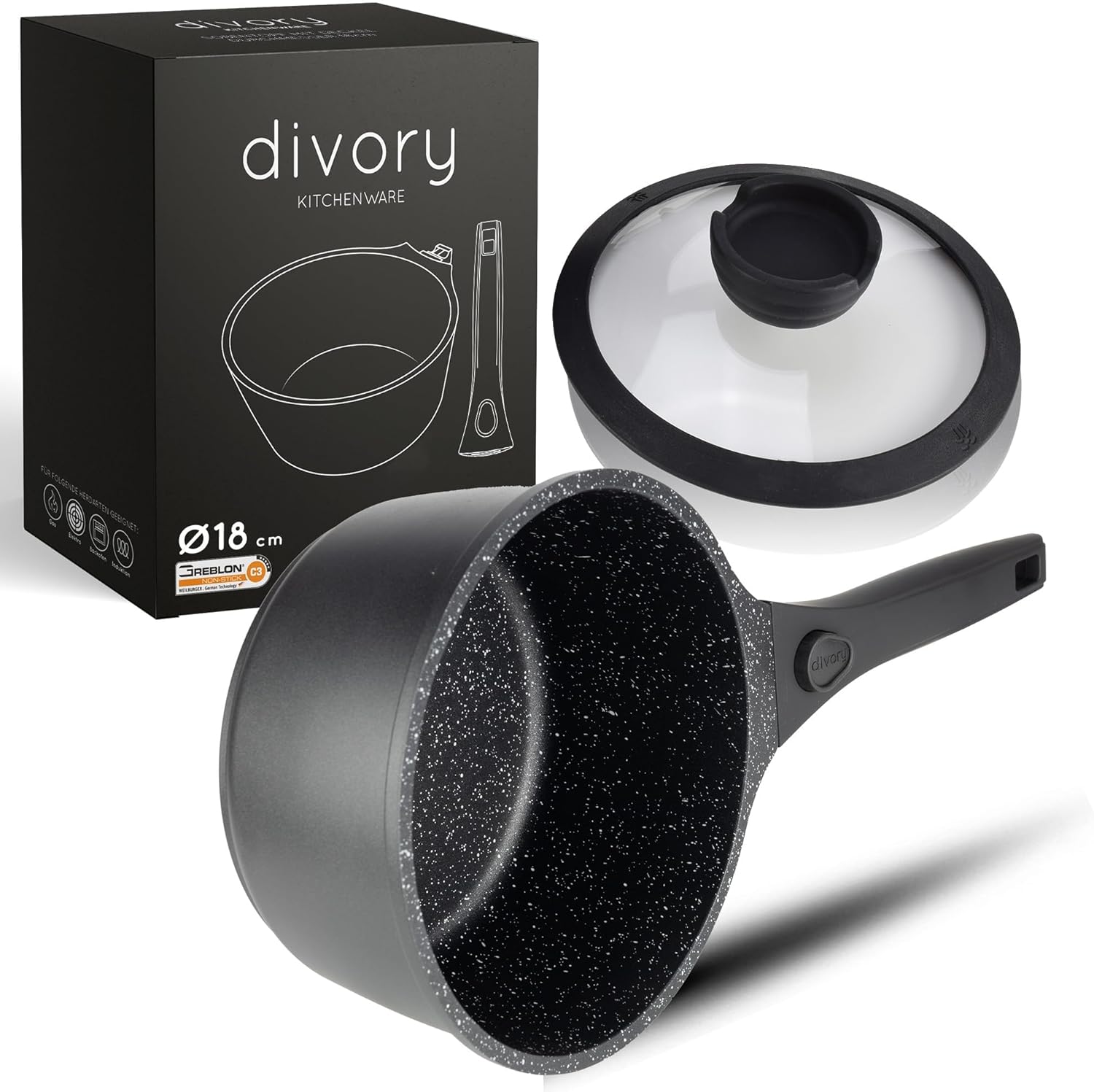 DIVORY Casserole 18cm - 2L Saucepan with lid - Small Milk Pot Coated, Removable Handle, Induction, Dishwasher & Oven Safe-0