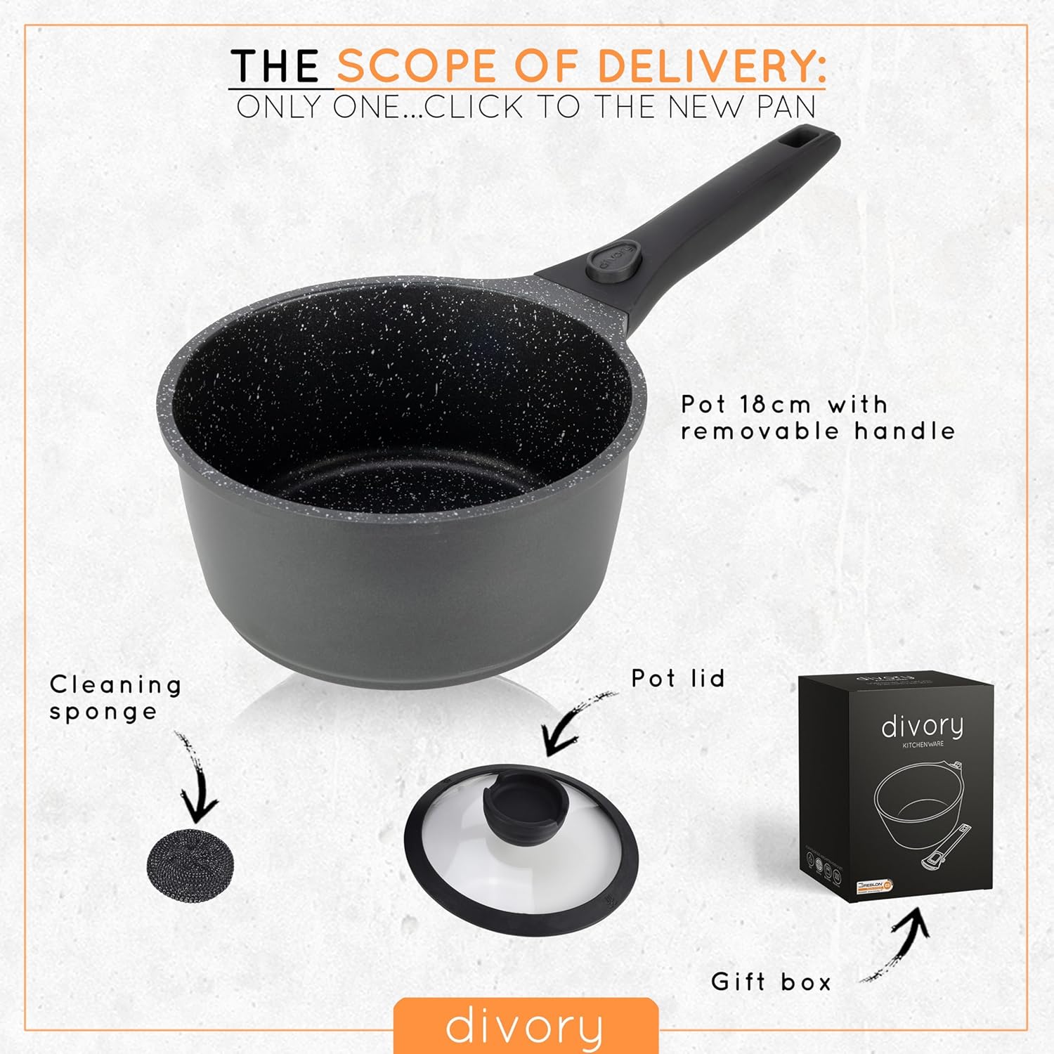 DIVORY Casserole 18cm - 2L Saucepan with lid - Small Milk Pot Coated, Removable Handle, Induction, Dishwasher & Oven Safe-4