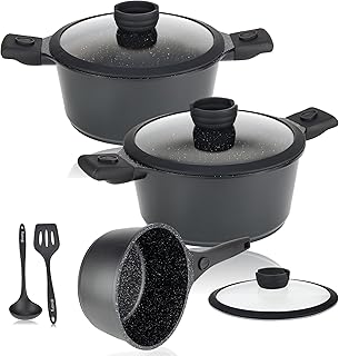 DIVORY Pot Set - 8 Pieces - Casserole 18 cm, Saucepan 20 cm & 24 cm, with lid, Induction Cooking pots - Coated with Removable Handle incl. Kitchen Helpers