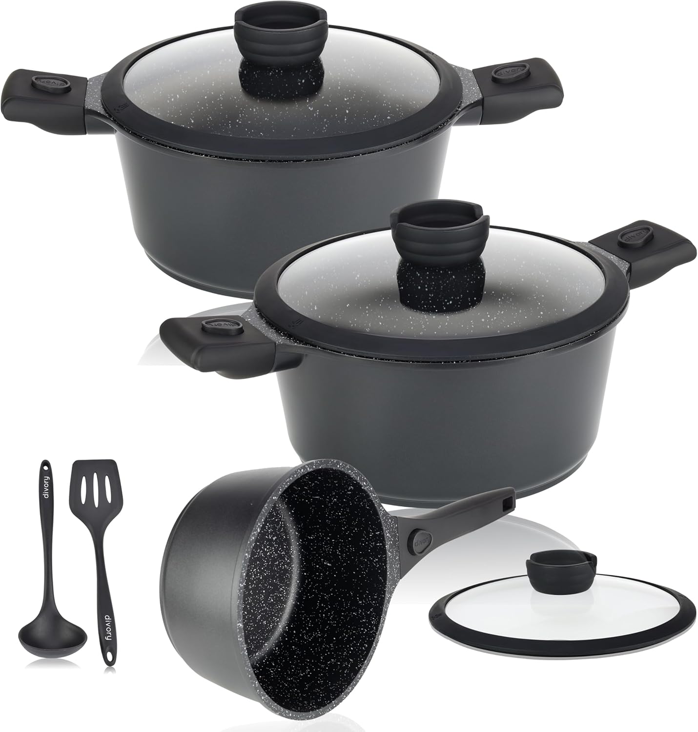 DIVORY Pot Set - 8 Pieces - Casserole 18 cm, Saucepan 20 cm & 24 cm, with lid, Induction Cooking pots - Coated with Removable Handle incl. Kitchen Helpers-0