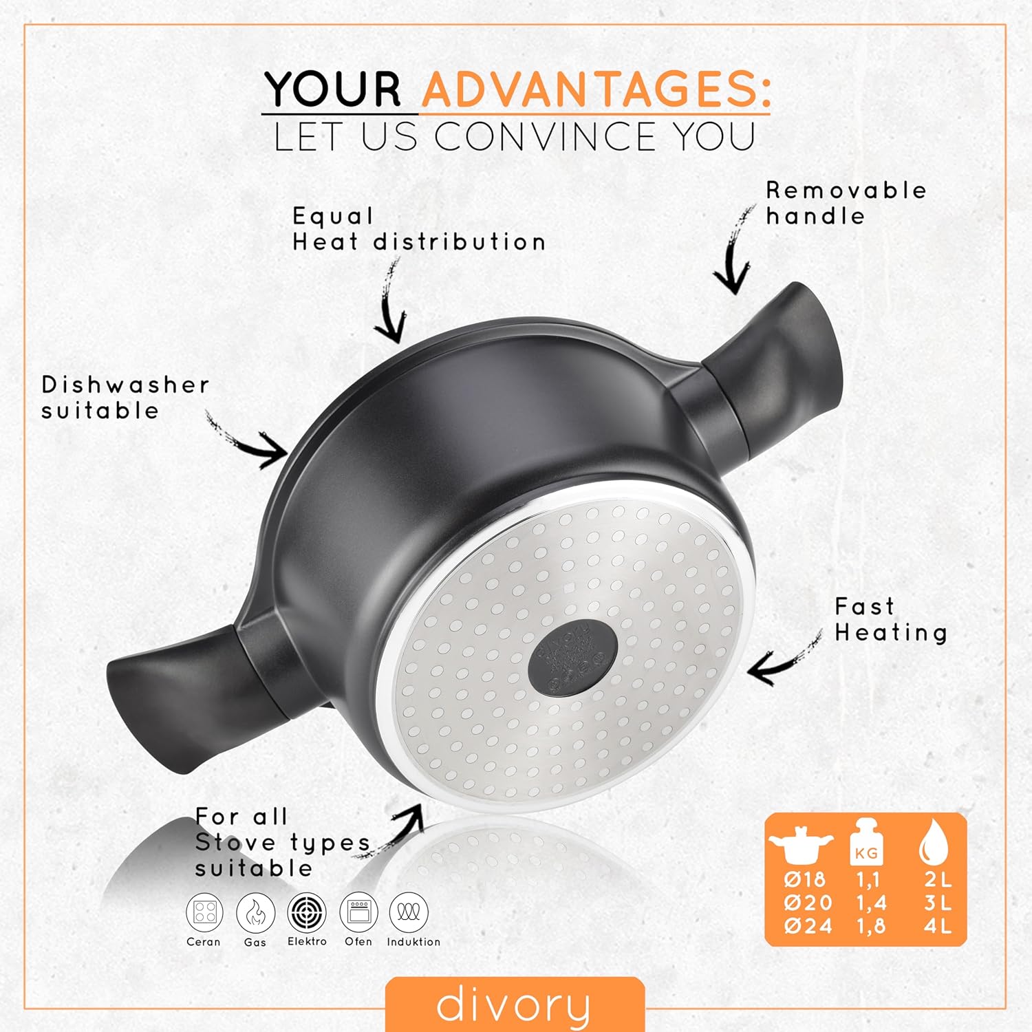 DIVORY Pot Set - 8 Pieces - Casserole 18 cm, Saucepan 20 cm & 24 cm, with lid, Induction Cooking pots - Coated with Removable Handle incl. Kitchen Helpers-2