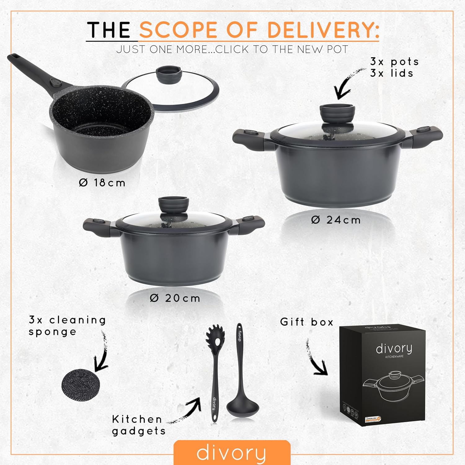 DIVORY Pot Set - 8 Pieces - Casserole 18 cm, Saucepan 20 cm & 24 cm, with lid, Induction Cooking pots - Coated with Removable Handle incl. Kitchen Helpers-4