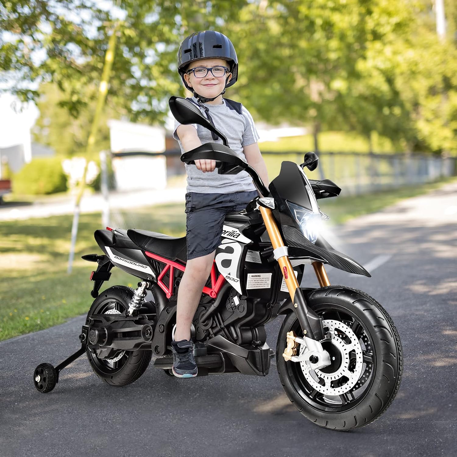 Maxmass Kids Ride on Motorcycle Toy, 12V Electric Motorbike with 2 Training Wheels and Multifunction Media Player, Riding Toy Dirt Bike for 3-8 Years Old (Black)-7