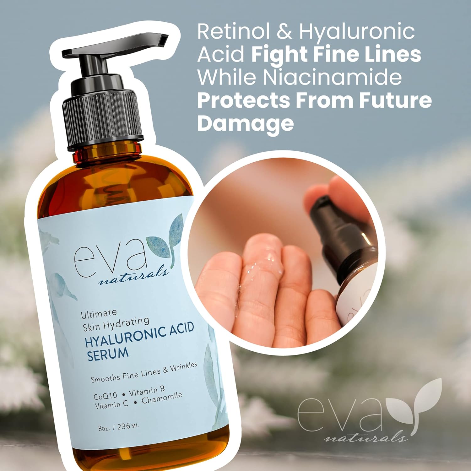 Eva Naturals Anti-Aging Hyaluronic Acid Serum For Face - Professional & Potent Hydrating Anti-Wrinkle Formula For Fine Line & Uneven Skin Tone - Contains Vitamin C, B, & E, Paraben Free (240 ml)-2