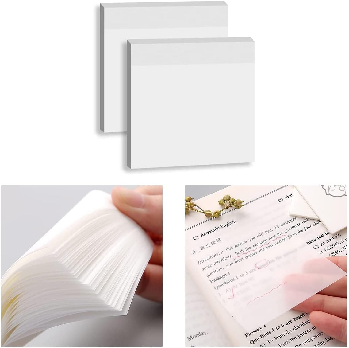 100pcs Transparent Sticky Notes Self-Stick Note Pads, Clear Notes 75mm*75mm Transparent Self Adhesive Removable Perfect for Studying and Writing in Text Books and Office-0