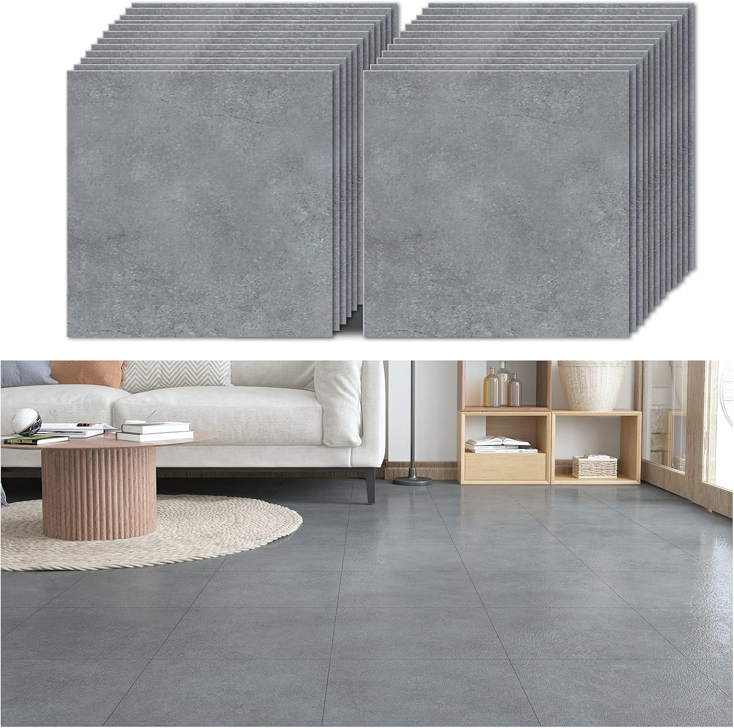 VEELIKE Grey Floor Tiles Self Adhesive Wall Tiles Peel and Stick Floor Tiles Bathroom Floor Stickers for Kitchen Flooring Adhesive Waterproof Vinyl Flooring Planks Bedroom1.5mm 30cm x 30cm 24 Pieces-0