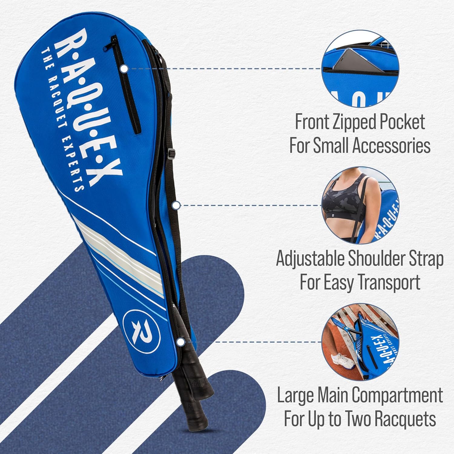 Raquex Tennis Racket Bag – Blue or Black - Tennis Racket Cover Bag, Squash & Badminton Racquet Bag for 2 Racquets & Accessories with Shoulder Strap-3