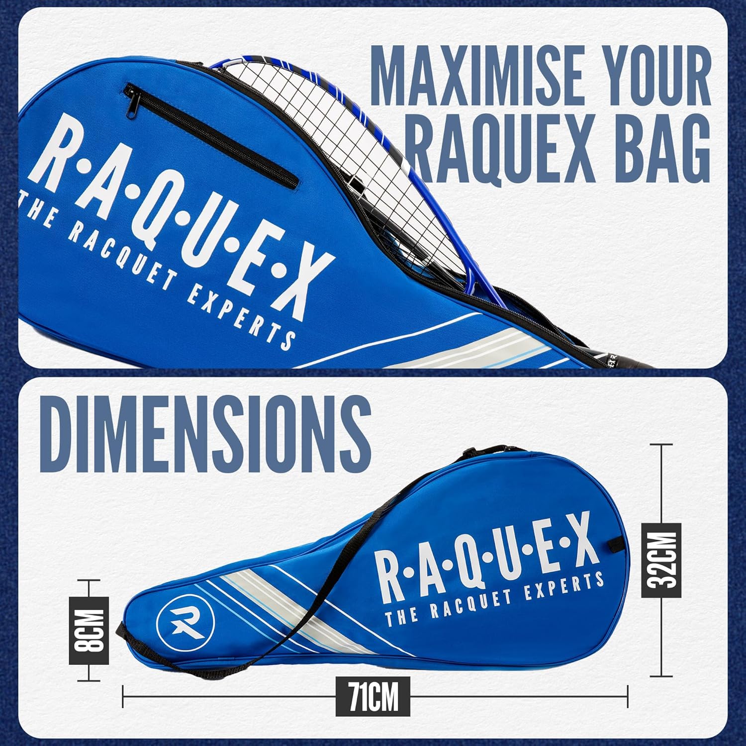 Raquex Tennis Racket Bag – Blue or Black - Tennis Racket Cover Bag, Squash & Badminton Racquet Bag for 2 Racquets & Accessories with Shoulder Strap-8