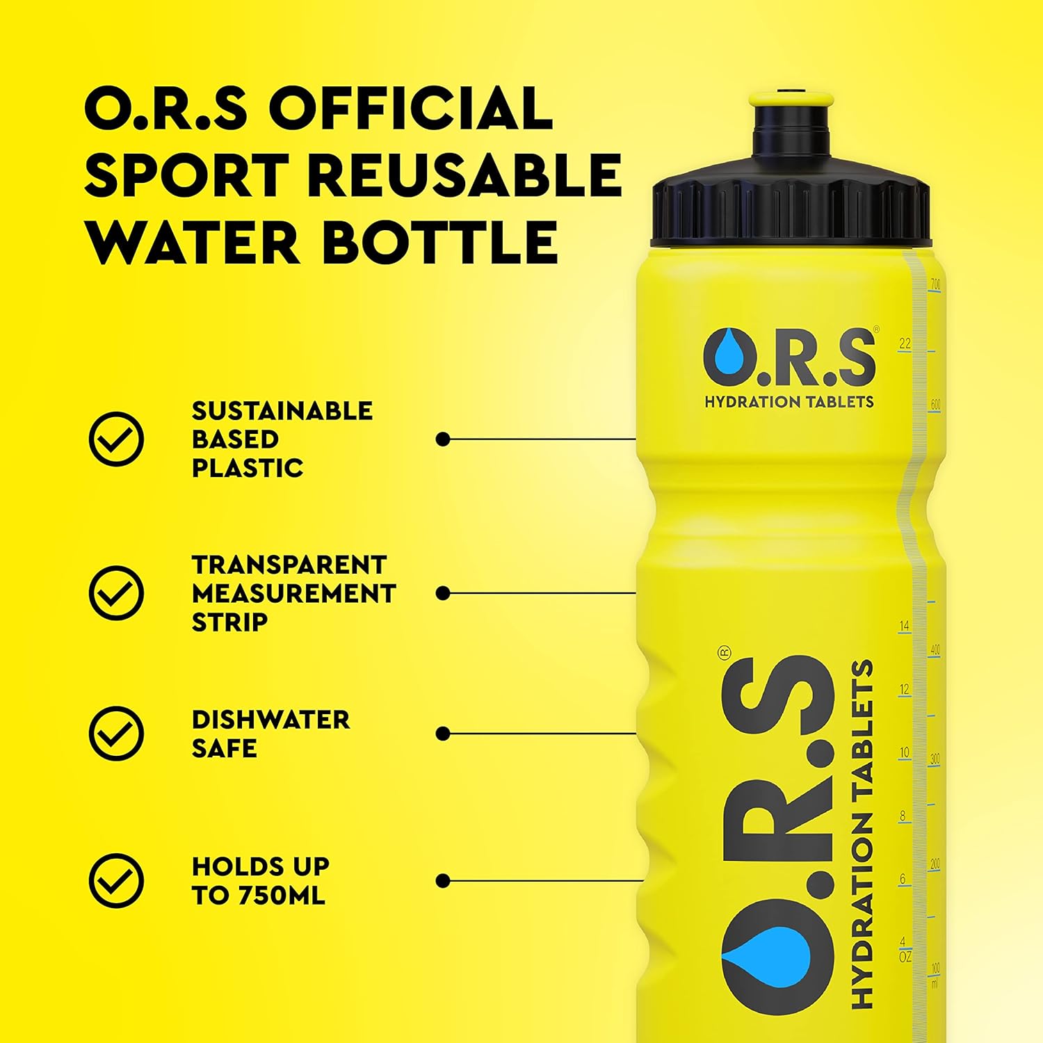 O.R.S Hydration Official Sports Reusable Water Bottle, for Kids or Adults, BPA-Free Drinking Bottle with Transparent Measuring Strip & Sports Cap, Leak Proof, 750ml, Yellow-1