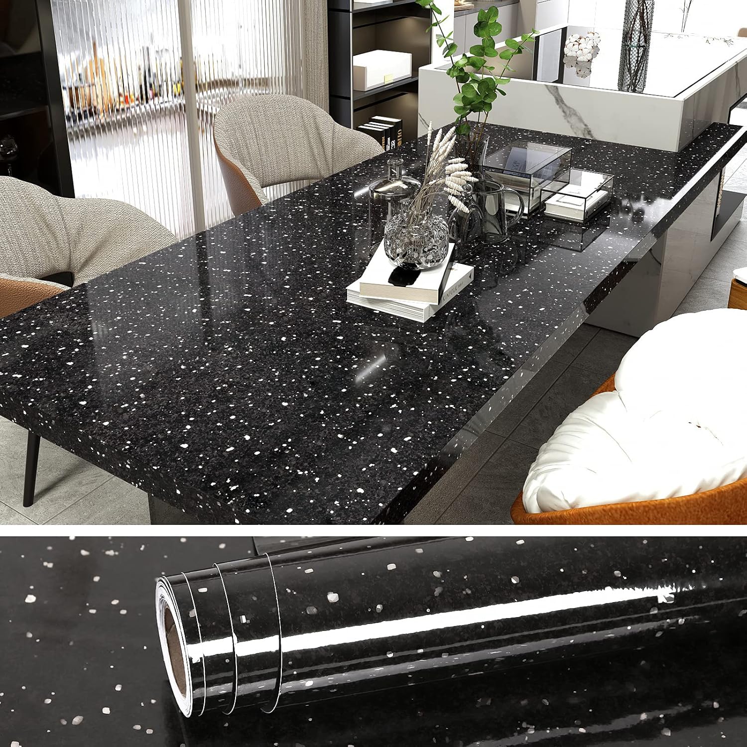 VEELIKE Black Granite Wallpaper Self Adhesive for Living Room Waterproof Oilproof 40cm x 300cm Sticky Back Plastic Kitchen Contact Paper Peel and Stick for Countertops Worktop Vinyl Covering-0