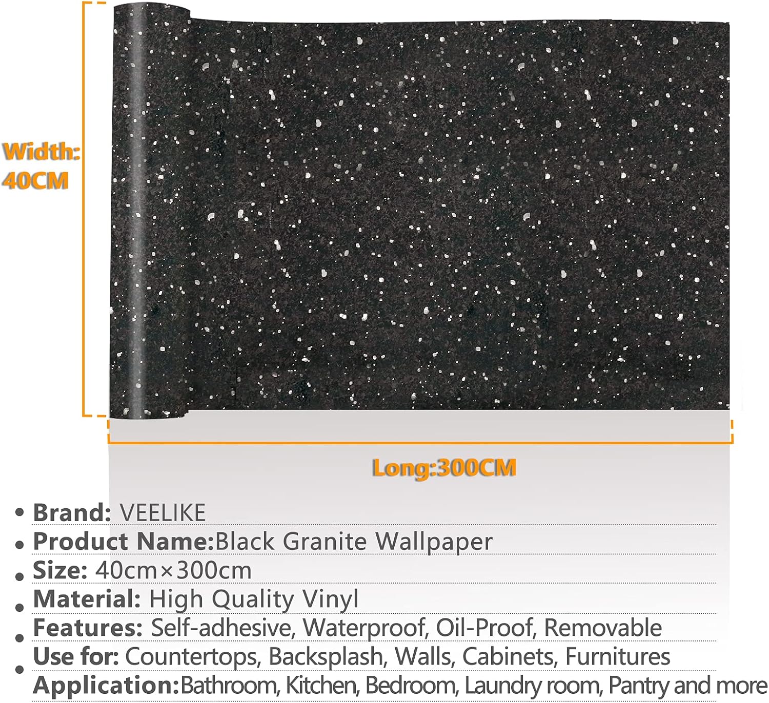 VEELIKE Black Granite Wallpaper Self Adhesive for Living Room Waterproof Oilproof 40cm x 300cm Sticky Back Plastic Kitchen Contact Paper Peel and Stick for Countertops Worktop Vinyl Covering-2