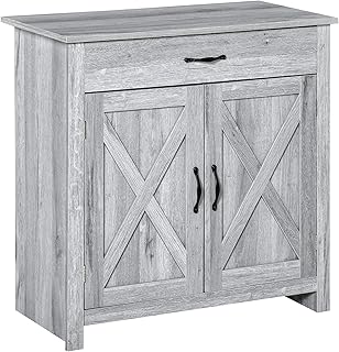 HOMCOM Farmhouse Barn Door Sideboard Storage Cabinet Coffee Bar for LIVING Room – Grey Grain