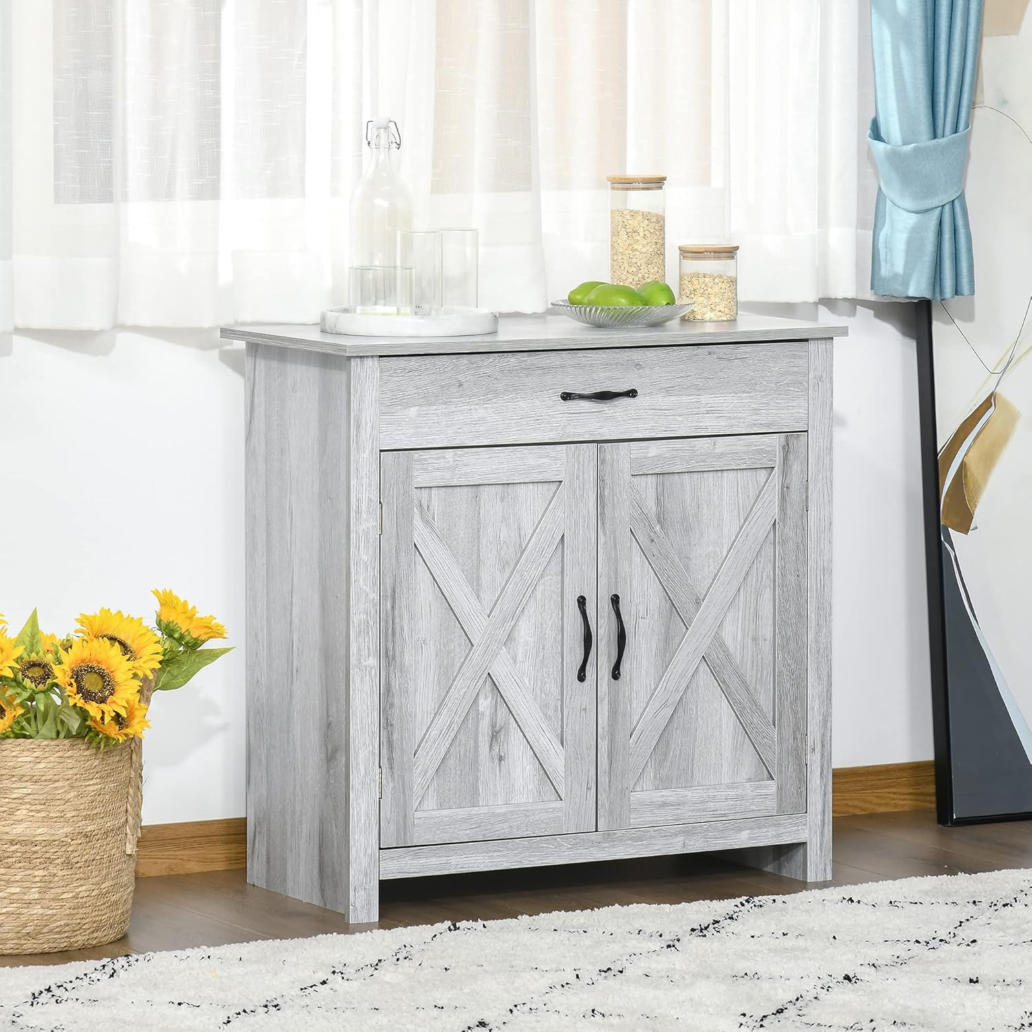 HOMCOM Farmhouse Barn Door Sideboard Storage Cabinet Coffee Bar for LIVING Room – Grey Grain-1