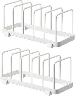 YunNasi Plate Storage Rack, Vertical Plate Rack Drainer, Cutting Boards, Bakeware, Serving Trays Holder, Lid Organizer, Cabinet Dish Rack (White, 2 Packs)