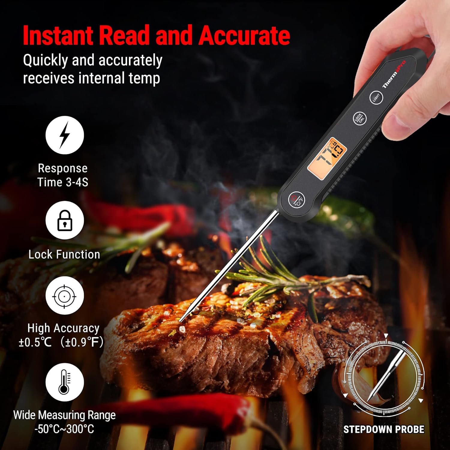 ThermoPro TP03H Instant Read Meat Thermometers with Foldable Temperature Probe, IPX6 Waterproof Food Thermometer with Calibration & Lock Function Cooking Thermometer for Air Fryers, Kitchen, BBQ Oven-1