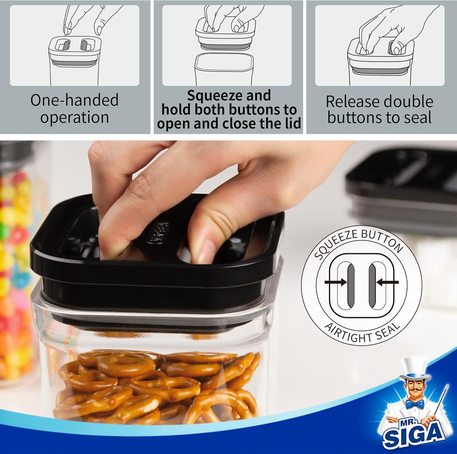 MR.SIGA 4 Pack Airtight Food Storage Container Set, BPA Free Kitchen Pantry Organization Canisters with One-handed Leak Proof Lids, 1L / 33.8oz, Medium, Black-2