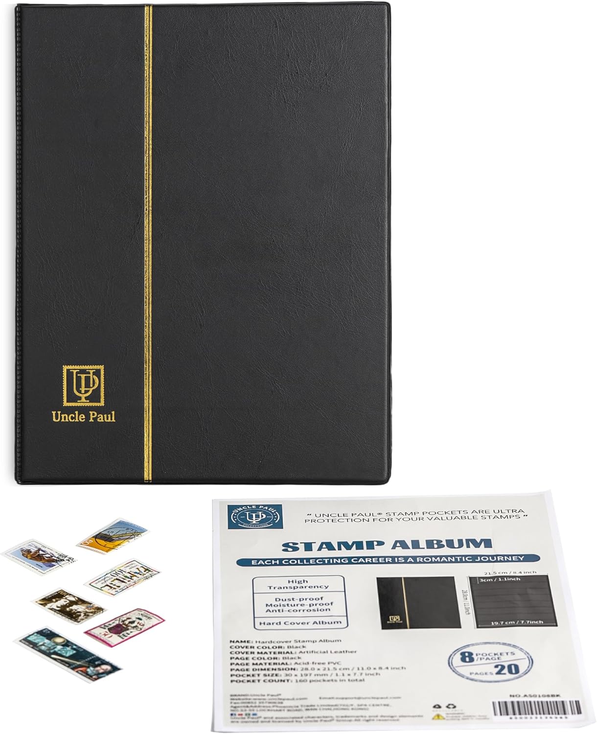 Stamp Album Stockbook, 160 Pockets 20 Black Sides Leatherette Padded Black Cover, Collection Storage Folder for Paper Money Stamps AS0108BK-3