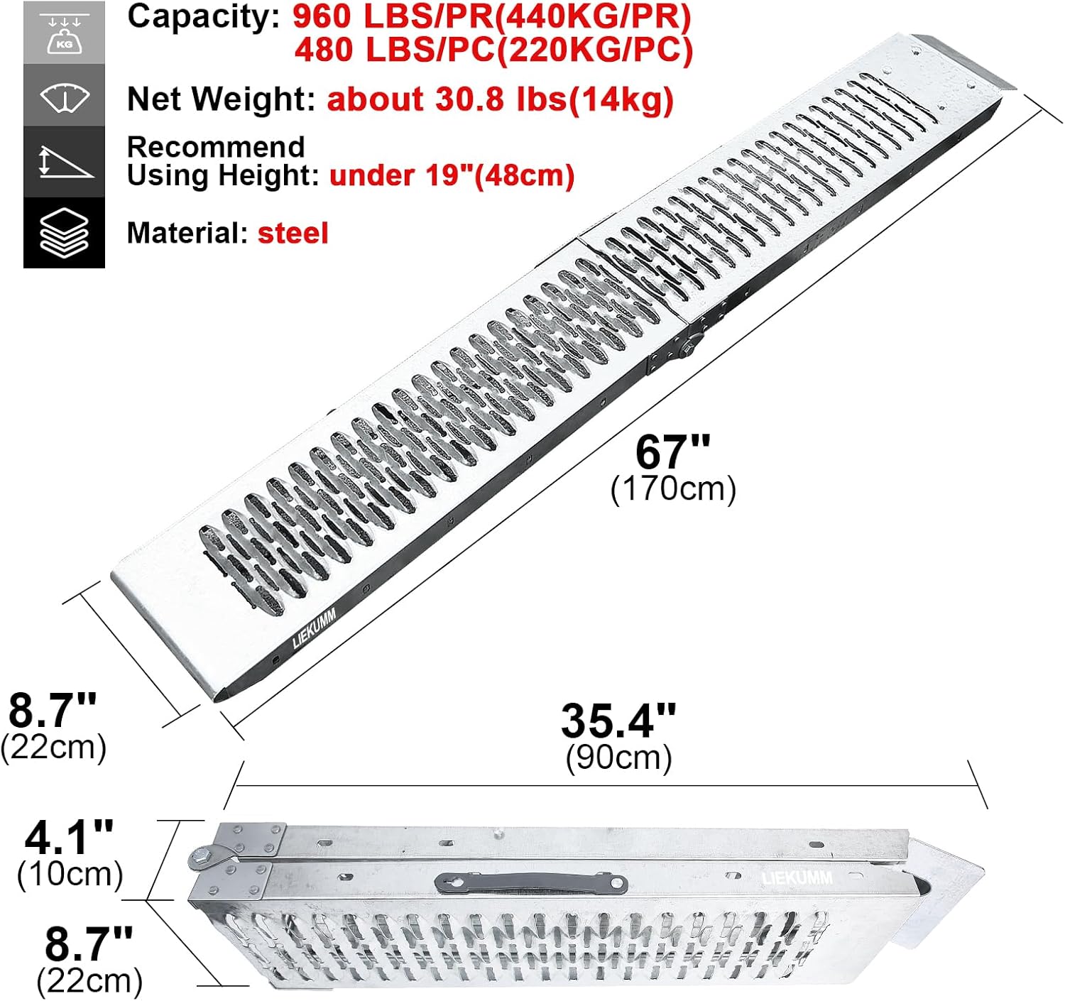 LIEKUMM Loading Ramps, 170x22cm Folding Van Ramps Heavy Duty for Truck & Trailer, Motorbike Ramp, 440kg Capacity, Steel, 2PCS-1