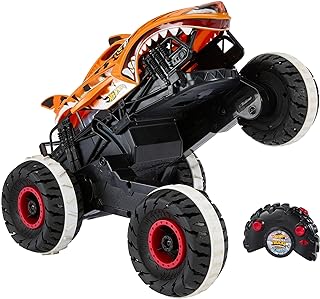 Hot Wheels Monster Trucks Remote Control Car, Unstoppable Tiger Shark with Tread Attack Tires and Terrain Stomp Technology, 1:15 Scale, Toys for Ages 4 and Up, HGV87