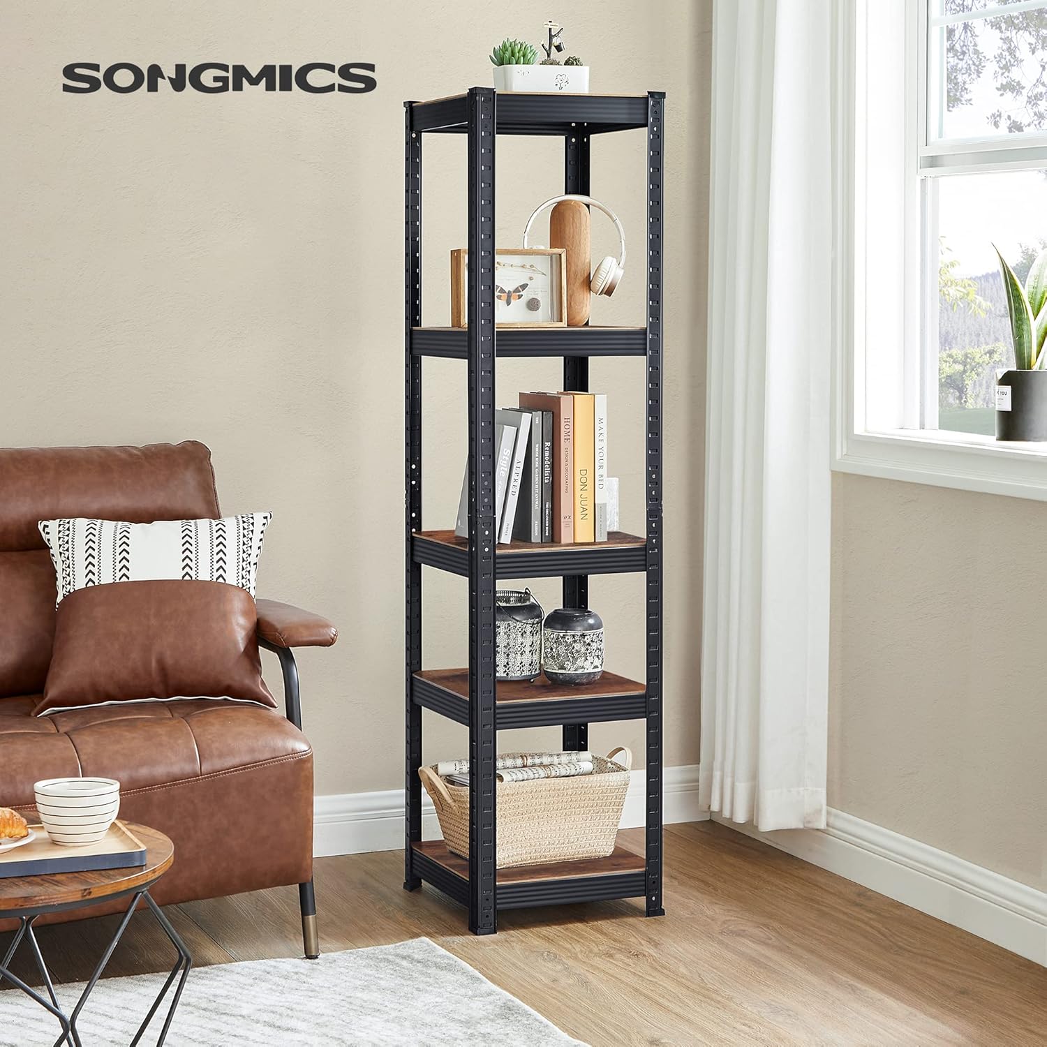 SONGMICS Shelving Unit, 37 x 37 x 150 cm, 400 kg Load Capacity (80 kg per Shelf), Industrial, Adjustable Storage Shelves, for Living Room, Kitchen, Garage, Rustic Brown and Black GLR037B01-1