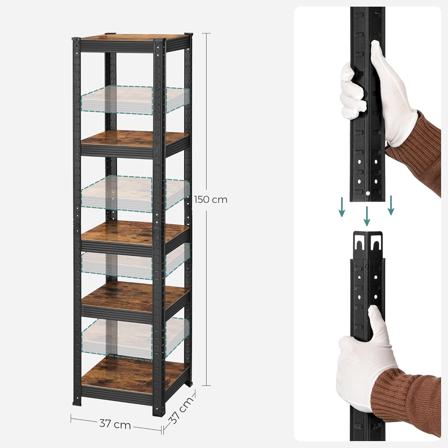 SONGMICS Shelving Unit, 37 x 37 x 150 cm, 400 kg Load Capacity (80 kg per Shelf), Industrial, Adjustable Storage Shelves, for Living Room, Kitchen, Garage, Rustic Brown and Black GLR037B01-2