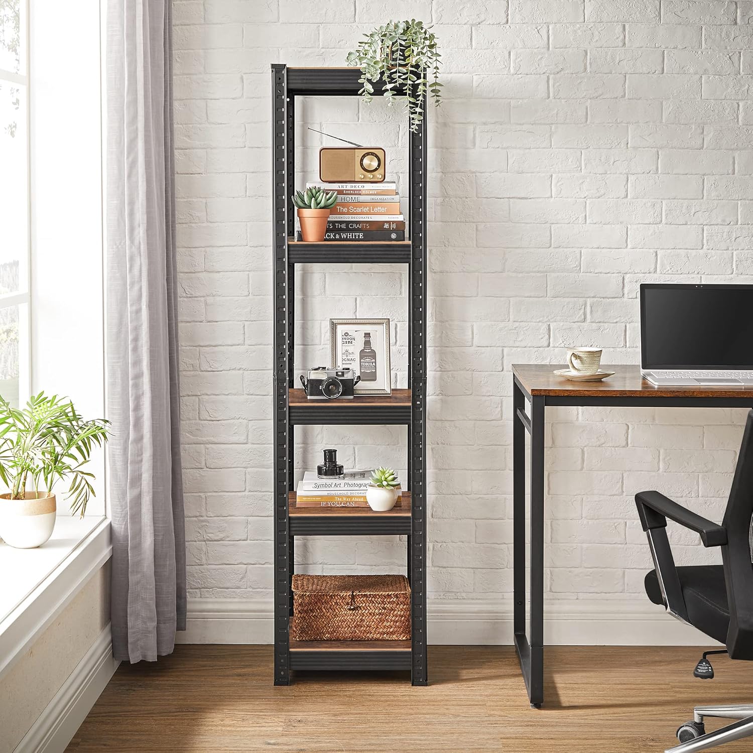 SONGMICS Shelving Unit, 37 x 37 x 150 cm, 400 kg Load Capacity (80 kg per Shelf), Industrial, Adjustable Storage Shelves, for Living Room, Kitchen, Garage, Rustic Brown and Black GLR037B01-7