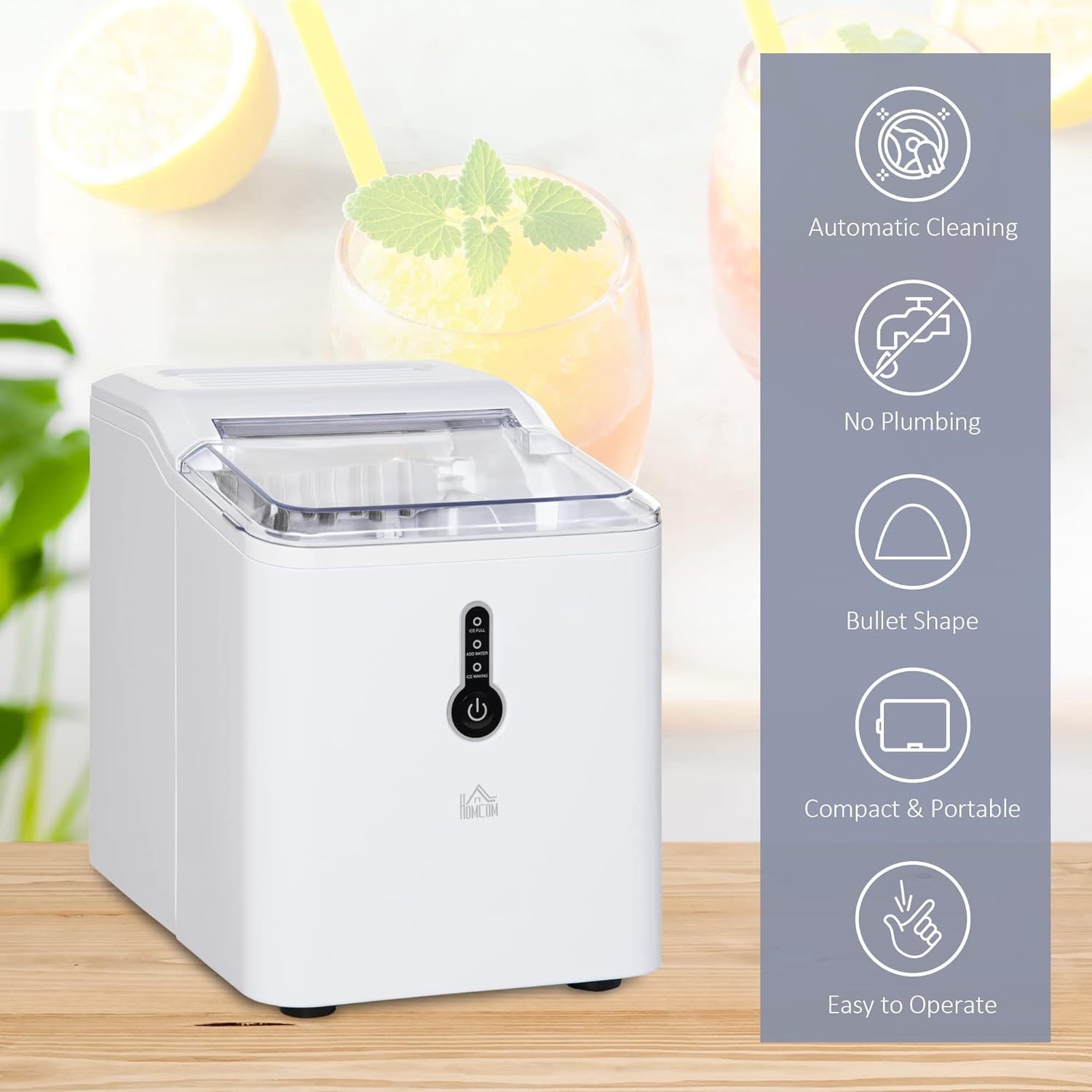 HOMCOM Ice Maker Machine, 1.5L Countertop Ice Cube Maker with Self-Cleaning, 9 Cubes Ready in 8 Mins, 12kg in 24 Hrs, No Plumbing with Basket, White-2