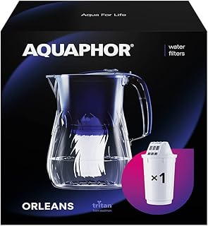 AQUAPHOR Orleans Water Filter Jug 4.2L, for reduction of limescale, Chlorine and other impurities, 1x A5 350 litre Added Magnesium Cartridge - Premium Water Filter jug in Glass effect. Blue