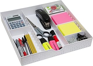 Amtido Drawer Organiser Tray for Office Stationary Supplies & Accessories - Desk Tidy Storage Box – 3 Compartments with 4 Adjustable Dividers – White