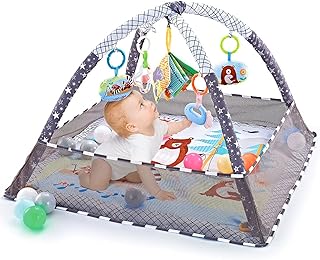 Trongle Baby Play Gym, Baby Play Mat Newborn with 5 Hanging Toys and 18 Ocean Balls, Lightweight Foam Stand Washable Soft Cotton Base, Playmats & Floor Gyms for 0-24months, with Carry Bag (80x80x55cm)