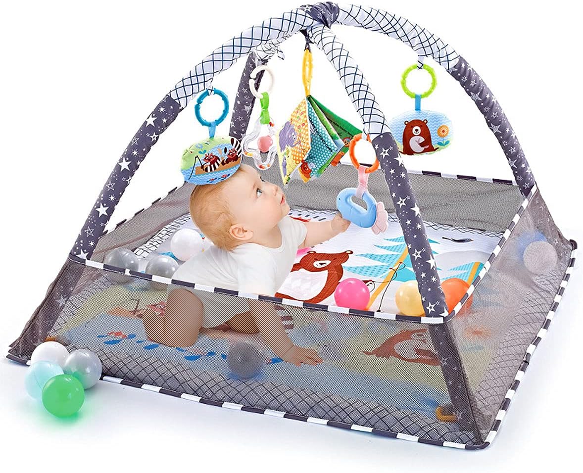 Trongle Baby Play Gym, Baby Play Mat Newborn with 5 Hanging Toys and 18 Ocean Balls, Lightweight Foam Stand Washable Soft Cotton Base, Playmats & Floor Gyms for 0-24months, with Carry Bag (80x80x55cm)-0