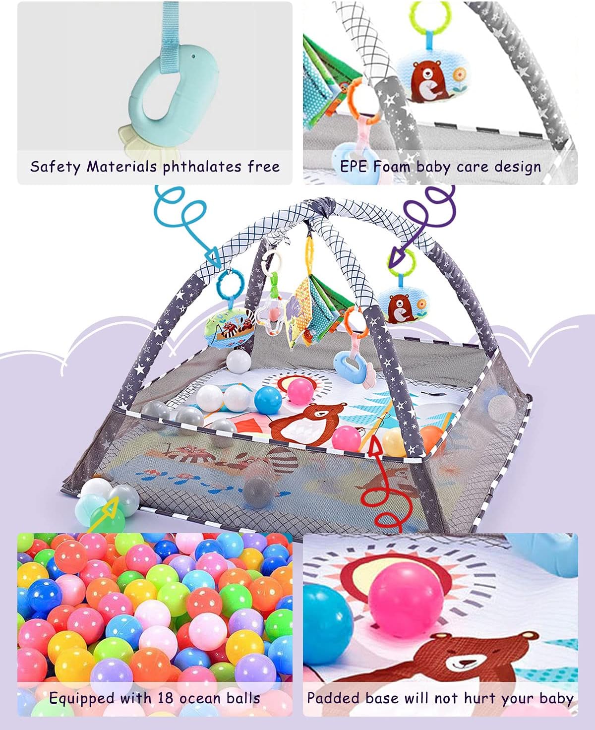 Trongle Baby Play Gym, Baby Play Mat Newborn with 5 Hanging Toys and 18 Ocean Balls, Lightweight Foam Stand Washable Soft Cotton Base, Playmats & Floor Gyms for 0-24months, with Carry Bag (80x80x55cm)-3