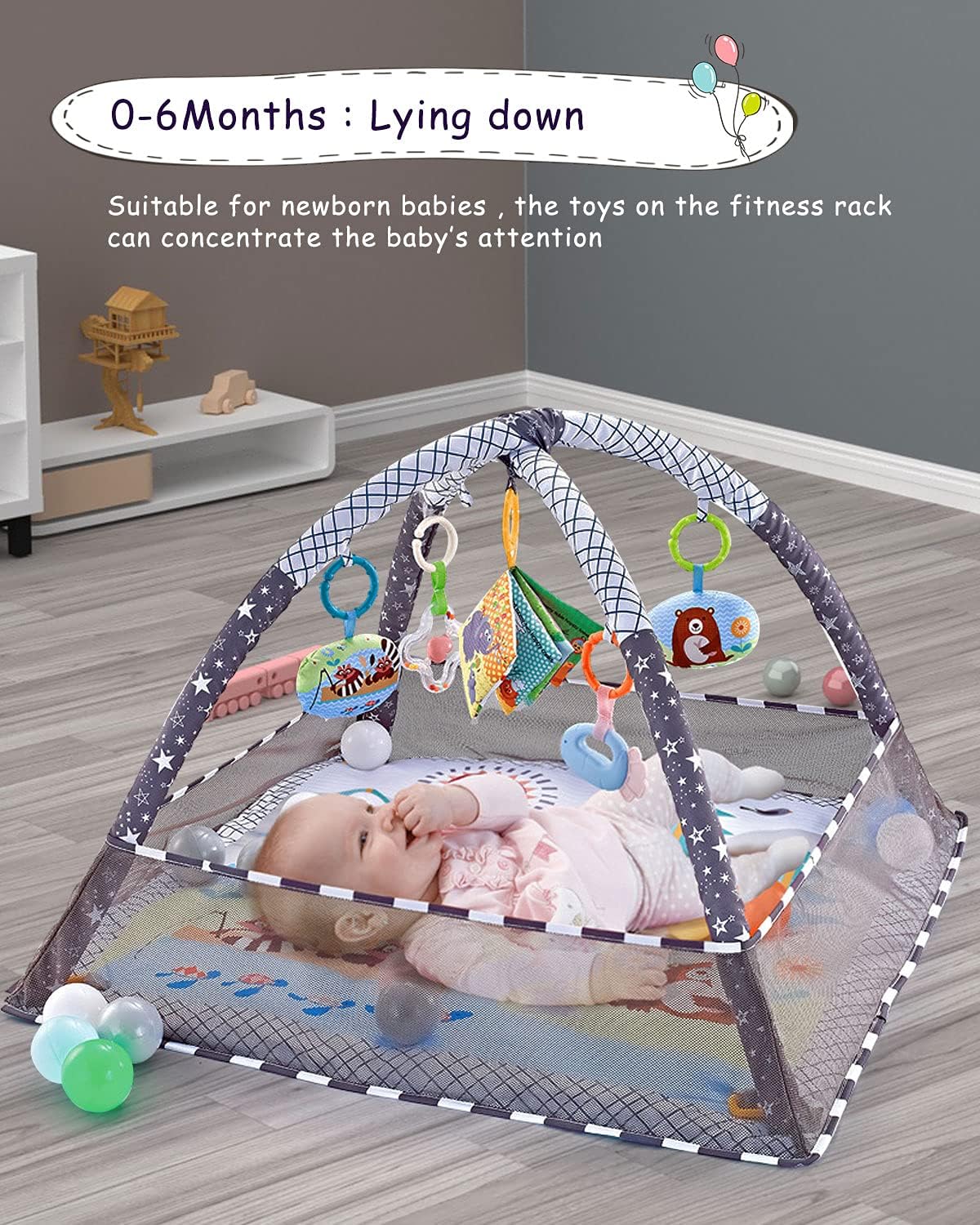 Trongle Baby Play Gym, Baby Play Mat Newborn with 5 Hanging Toys and 18 Ocean Balls, Lightweight Foam Stand Washable Soft Cotton Base, Playmats & Floor Gyms for 0-24months, with Carry Bag (80x80x55cm)-4