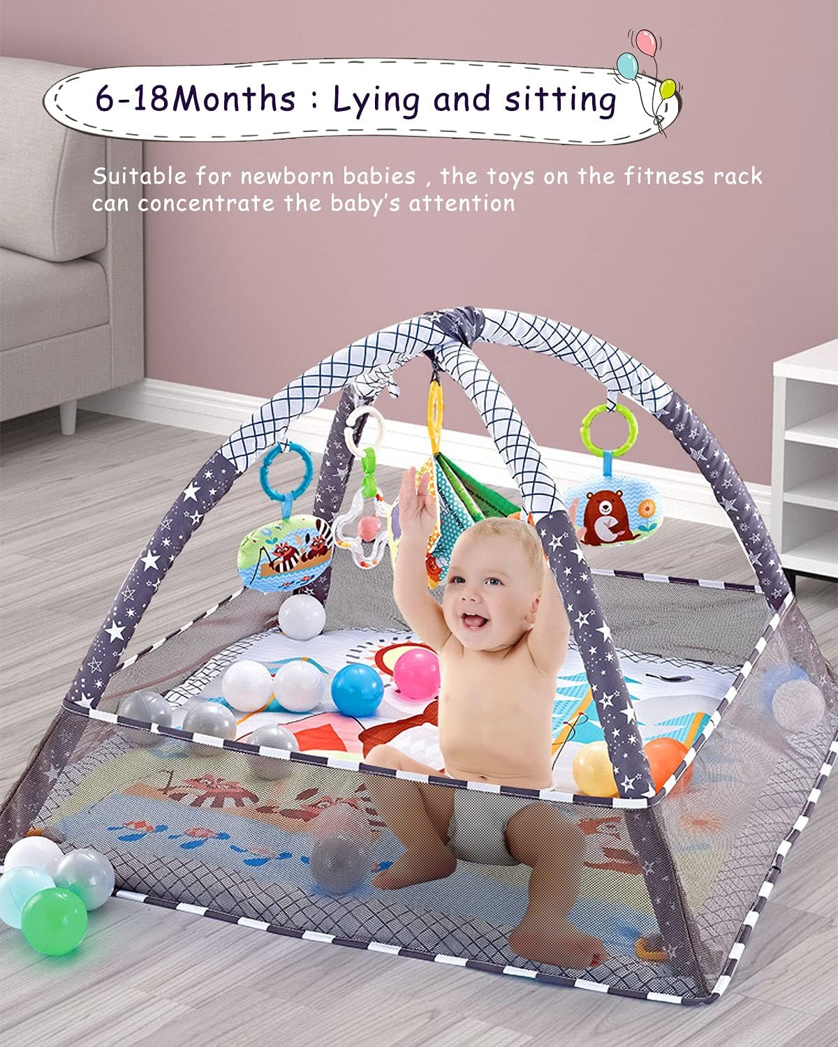 Trongle Baby Play Gym, Baby Play Mat Newborn with 5 Hanging Toys and 18 Ocean Balls, Lightweight Foam Stand Washable Soft Cotton Base, Playmats & Floor Gyms for 0-24months, with Carry Bag (80x80x55cm)-5