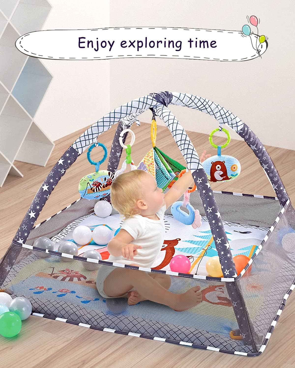 Trongle Baby Play Gym, Baby Play Mat Newborn with 5 Hanging Toys and 18 Ocean Balls, Lightweight Foam Stand Washable Soft Cotton Base, Playmats & Floor Gyms for 0-24months, with Carry Bag (80x80x55cm)-6