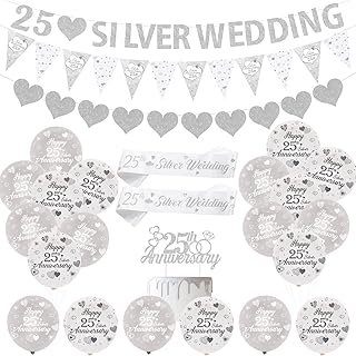 JOYMEMO 25th Wedding Anniversary Decorations Silver 25th Anniversary Balloons Banner Heart Rings Cake Topper Satin Sash for 25th Silver Anniversary Party Supplies