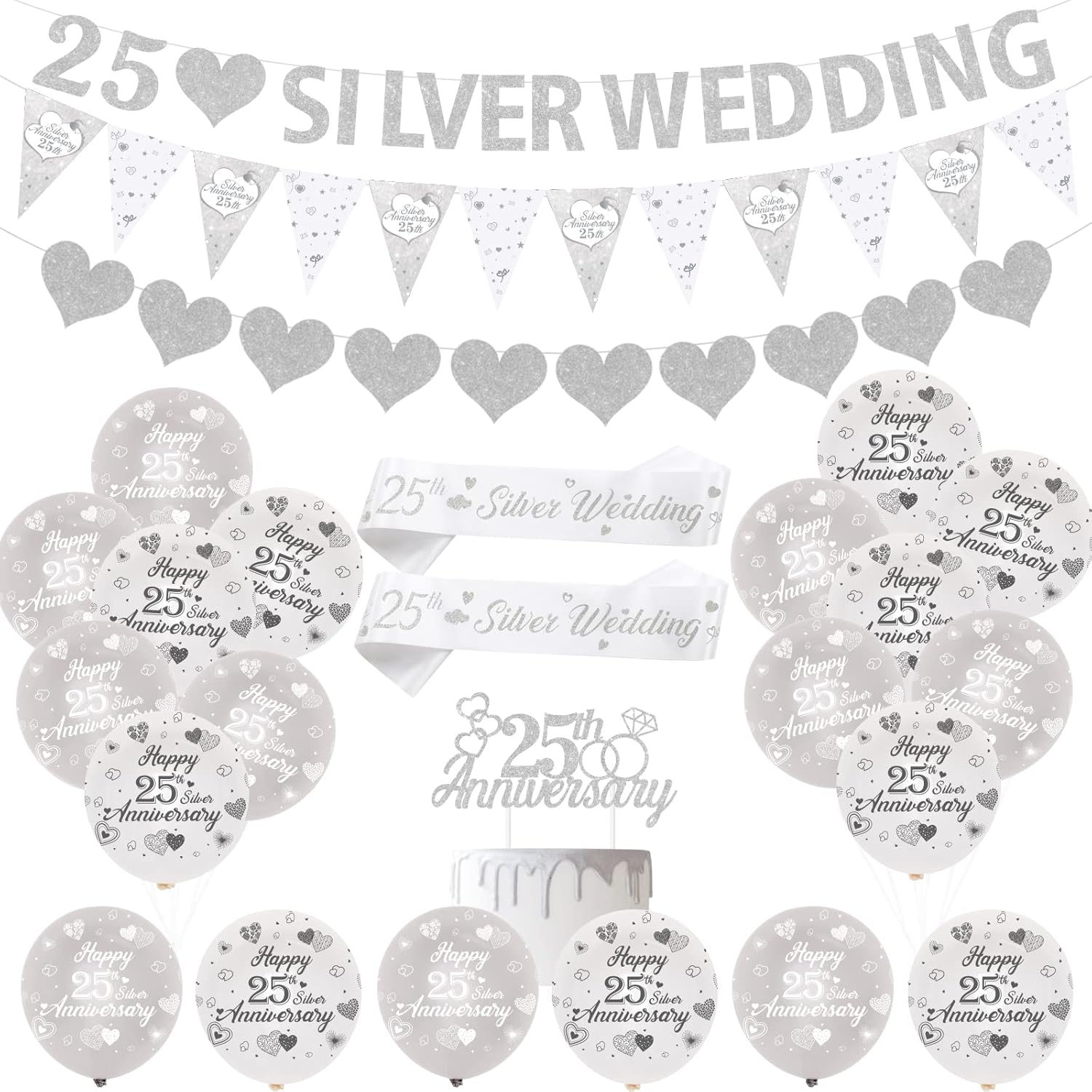 JOYMEMO 25th Wedding Anniversary Decorations Silver 25th Anniversary Balloons Banner Heart Rings Cake Topper Satin Sash for 25th Silver Anniversary Party Supplies-0