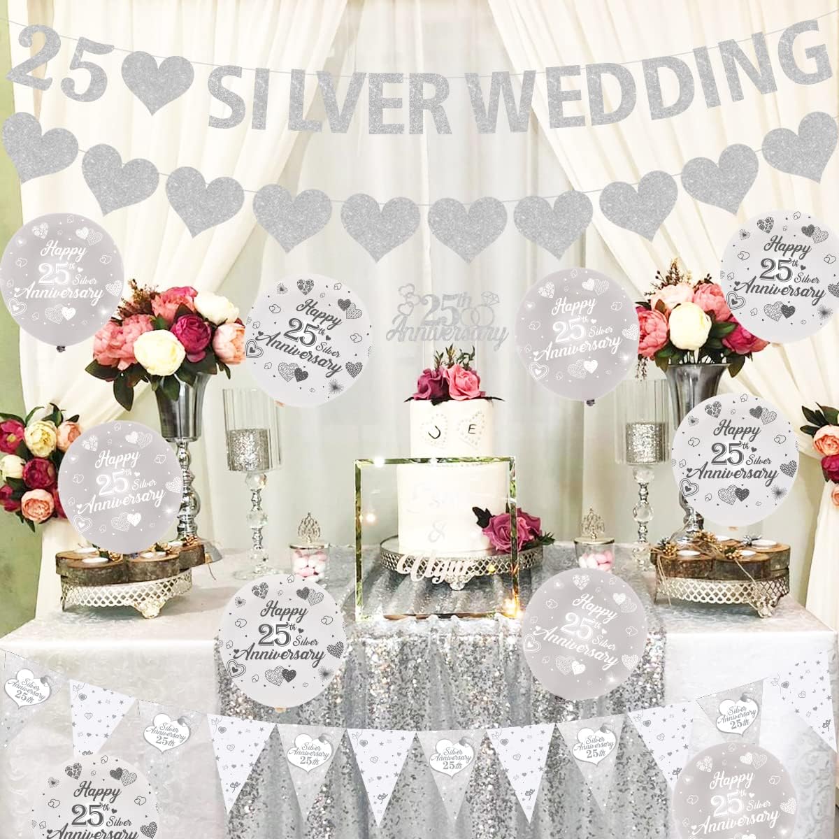 JOYMEMO 25th Wedding Anniversary Decorations Silver 25th Anniversary Balloons Banner Heart Rings Cake Topper Satin Sash for 25th Silver Anniversary Party Supplies-1