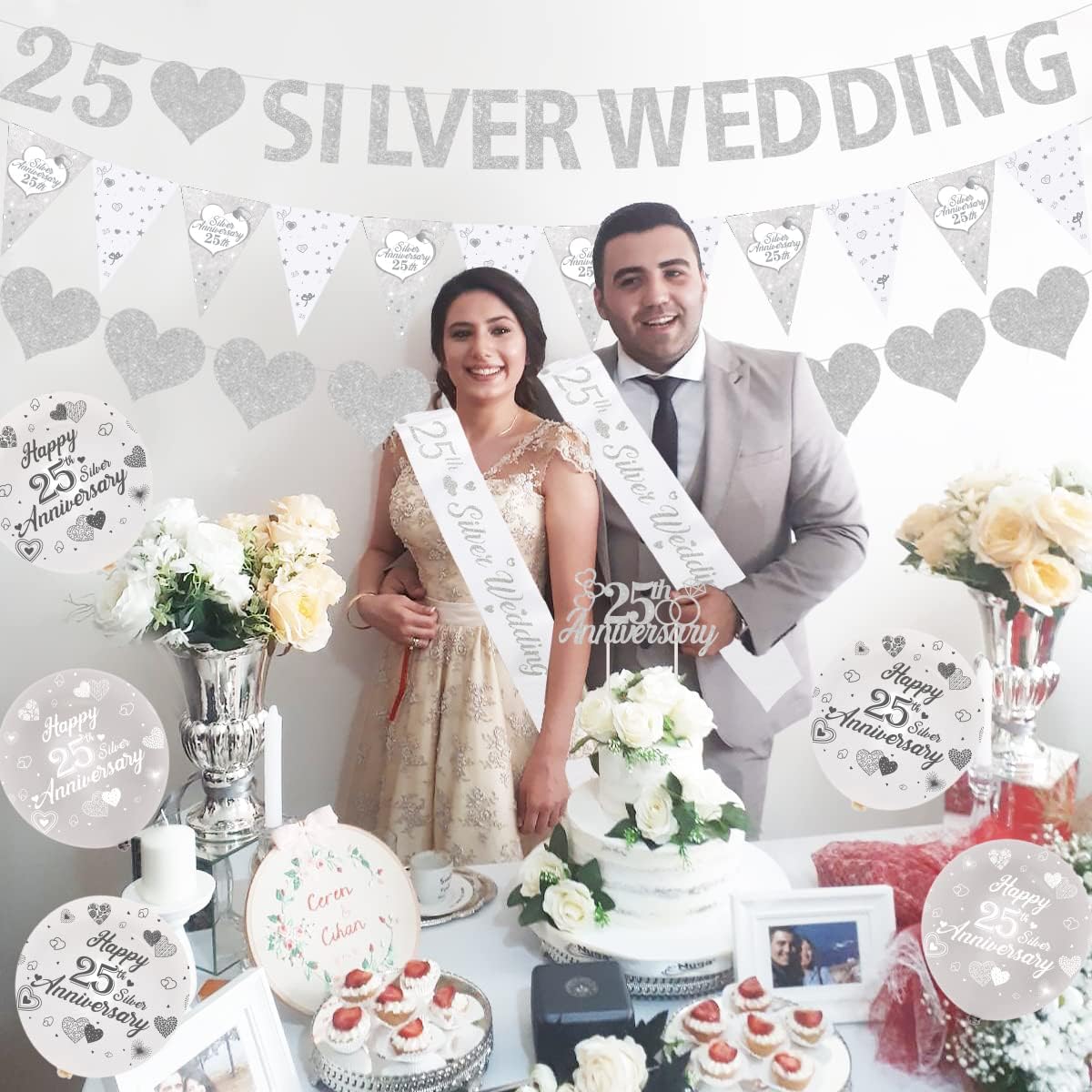 JOYMEMO 25th Wedding Anniversary Decorations Silver 25th Anniversary Balloons Banner Heart Rings Cake Topper Satin Sash for 25th Silver Anniversary Party Supplies-2