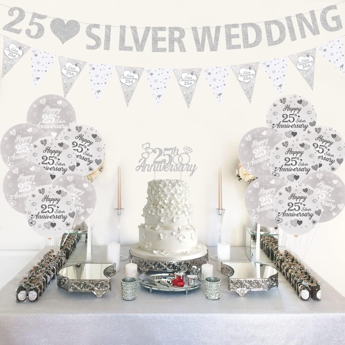 JOYMEMO 25th Wedding Anniversary Decorations Silver 25th Anniversary Balloons Banner Heart Rings Cake Topper Satin Sash for 25th Silver Anniversary Party Supplies-3