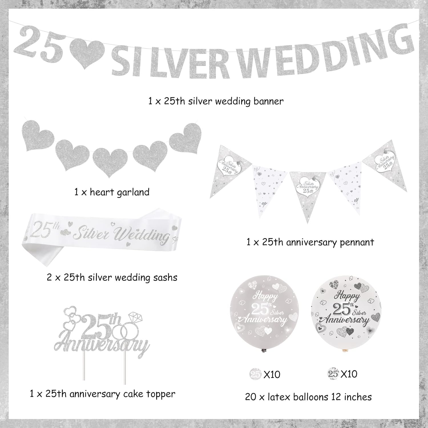 JOYMEMO 25th Wedding Anniversary Decorations Silver 25th Anniversary Balloons Banner Heart Rings Cake Topper Satin Sash for 25th Silver Anniversary Party Supplies-4