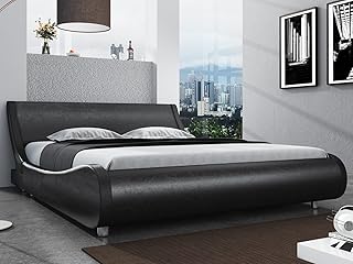 SHA CERLIN Queen Size Platform Bed, Faux Leather Low Profile Sleigh Bed Frame with Adjustable Headboard, Wood Slat Support, Glossy Black