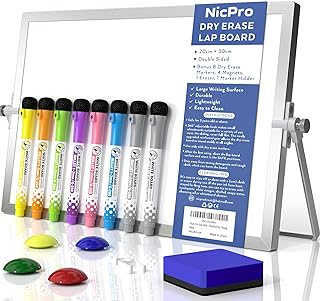 Nicpro Dry Erase Mini Whiteboard A4, 20 x 30 cm Double Sided Small Magnetic Desktop Whiteboard with Stand, 8 Pens, 1 Eraser,4 Magnet, Portable Whiteboard Easel for Kids Students School Supplies Office