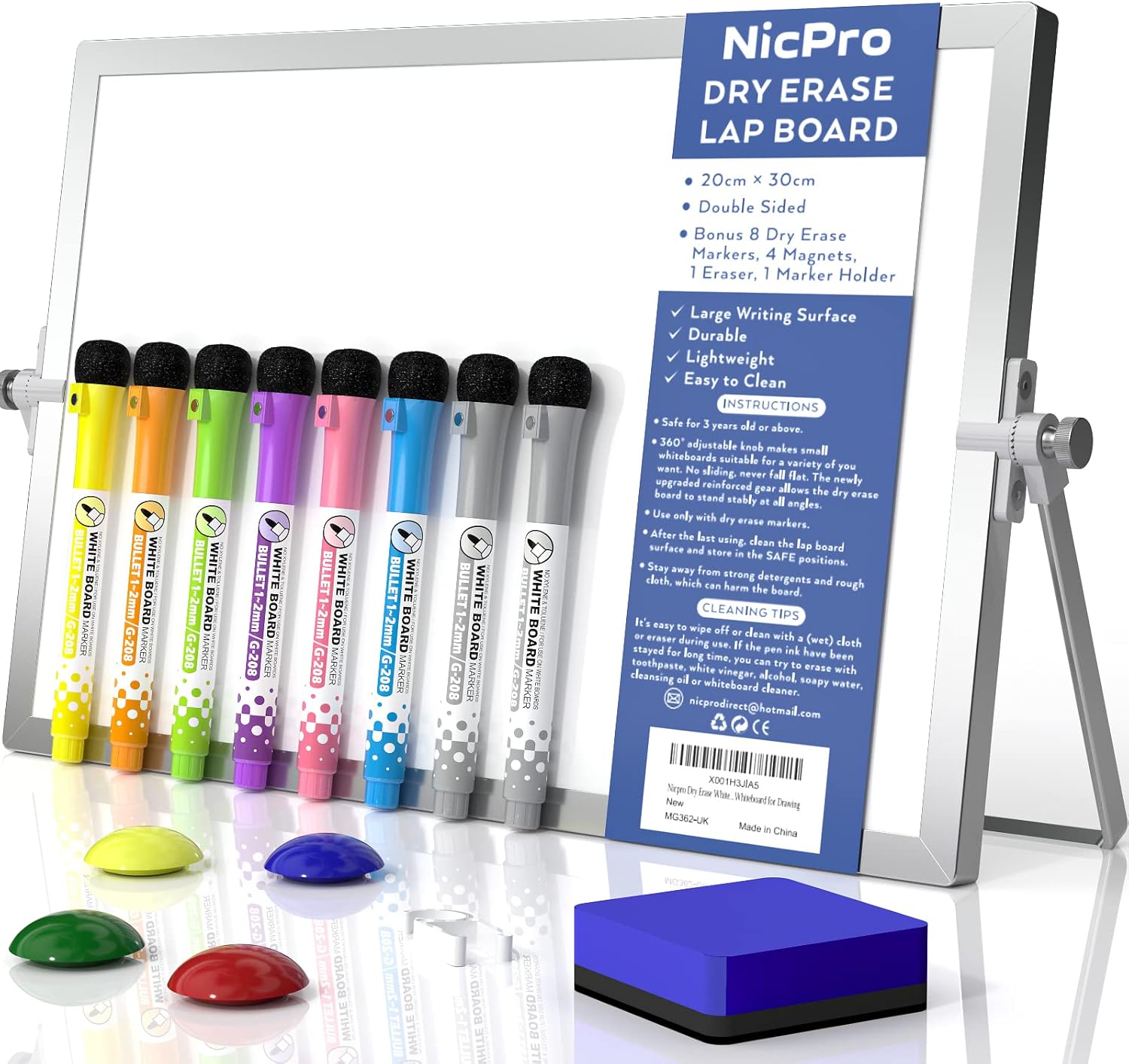 Nicpro Dry Erase Mini Whiteboard A4, 20 x 30 cm Double Sided Small Magnetic Desktop Whiteboard with Stand, 8 Pens, 1 Eraser,4 Magnet, Portable Whiteboard Easel for Kids Students School Supplies Office-0