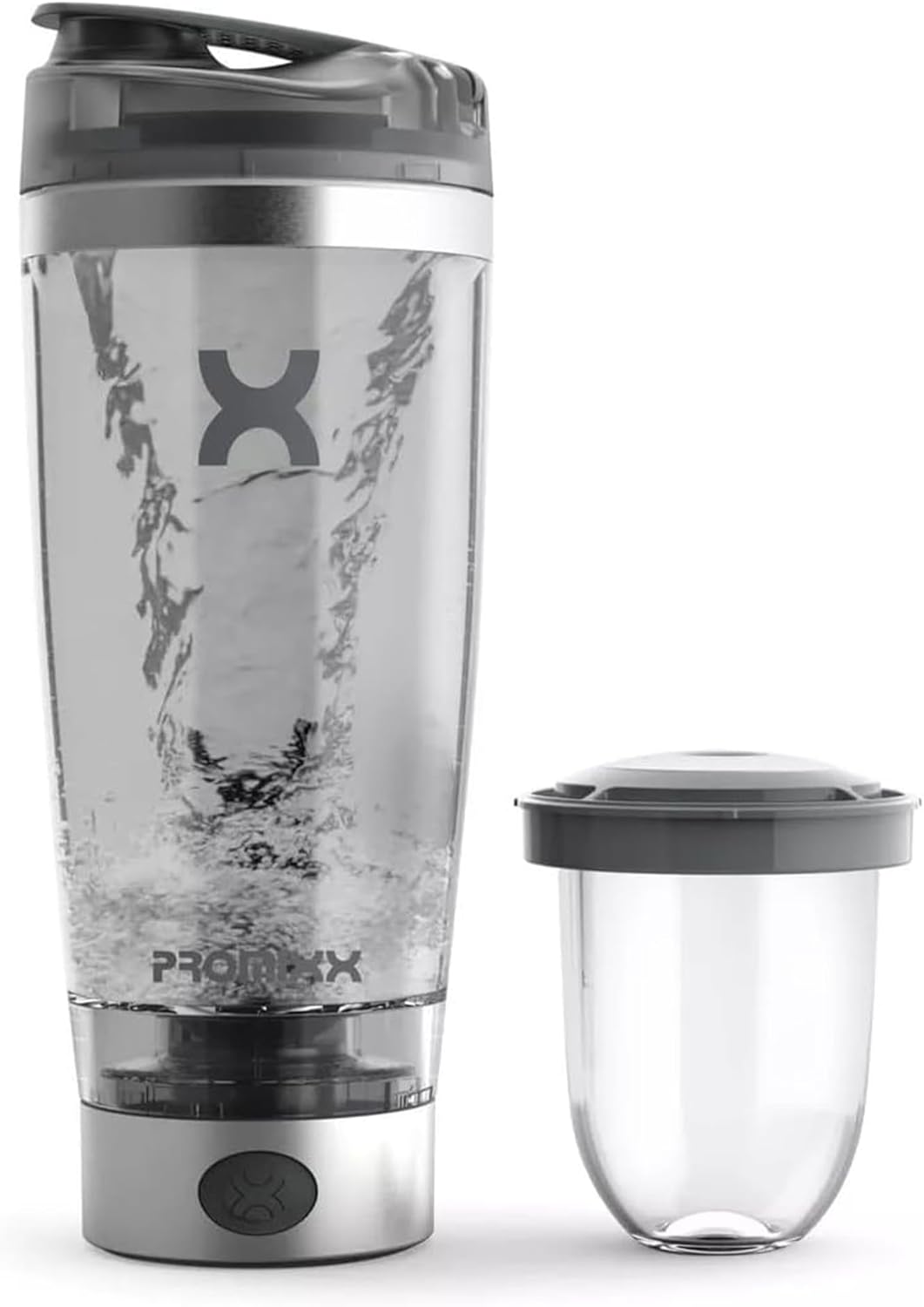 Promixx Pro Shaker Bottle | Rechargeable, Powerful for Smooth Protein Shakes | includes Supplement Storage - BPA Free | 600ml Cup (Silver White/Gray)-0