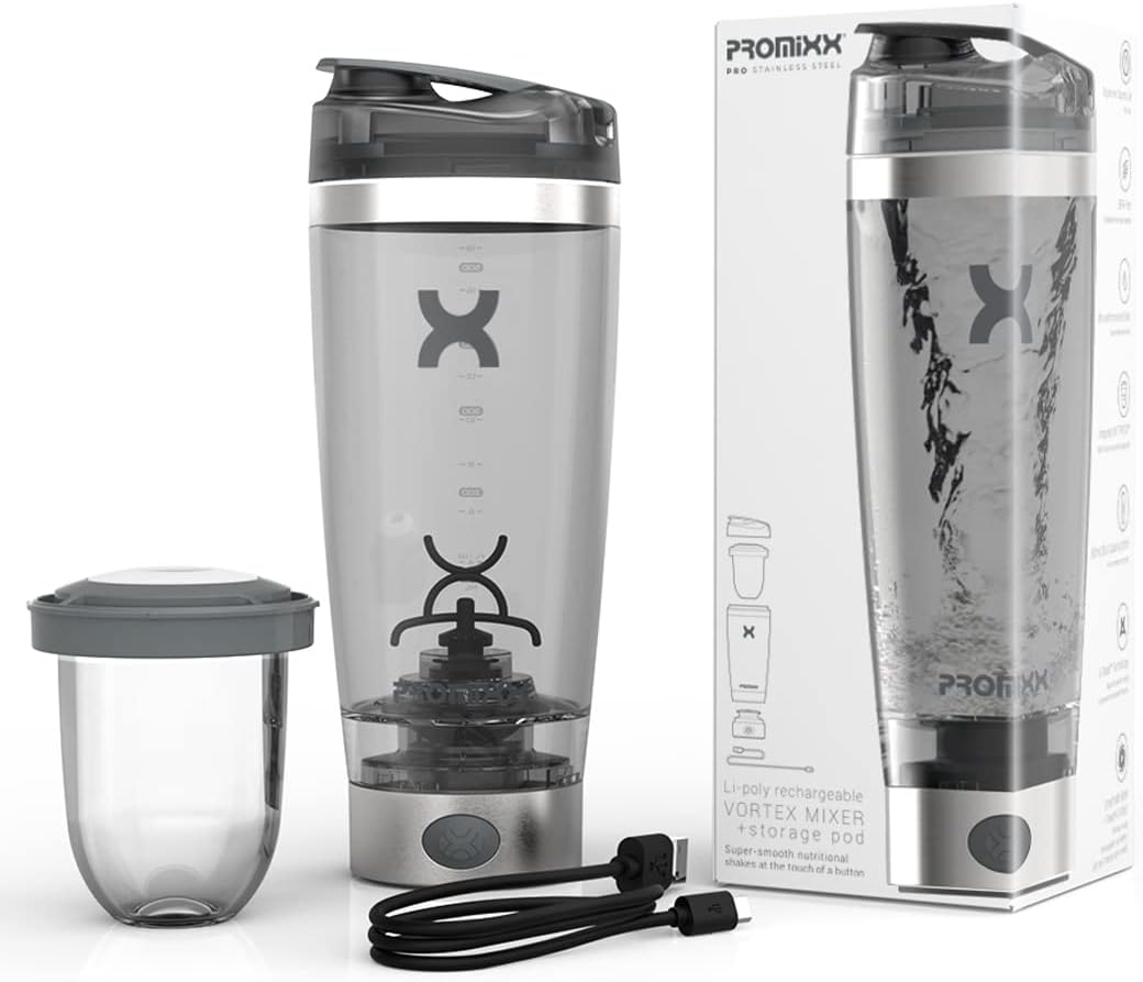 Promixx Pro Shaker Bottle | Rechargeable, Powerful for Smooth Protein Shakes | includes Supplement Storage - BPA Free | 600ml Cup (Silver White/Gray)-7