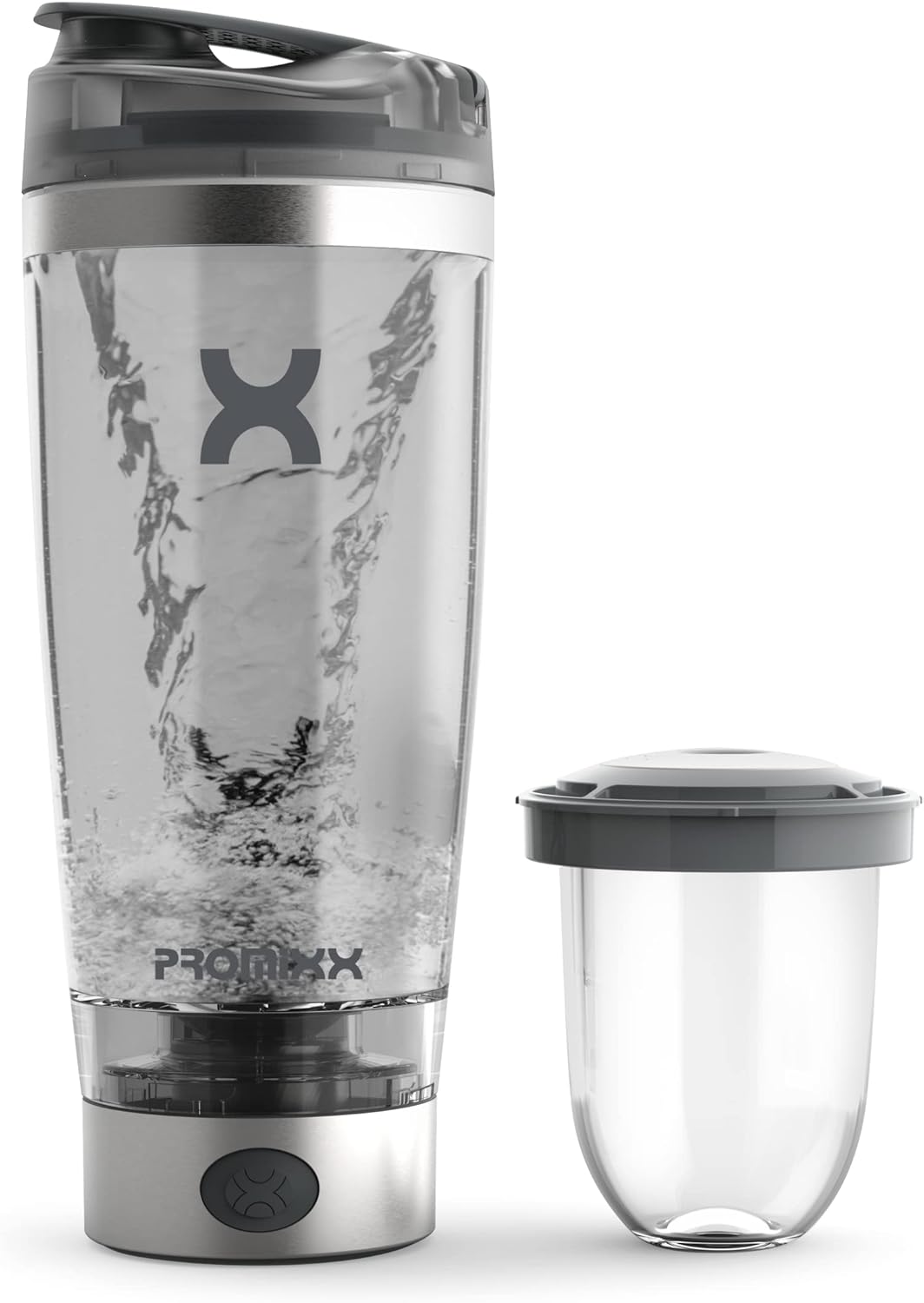 Promixx Pro Shaker Bottle | Rechargeable, Powerful for Smooth Protein Shakes | includes Supplement Storage - BPA Free | 600ml Cup (Silver White/Gray)-8